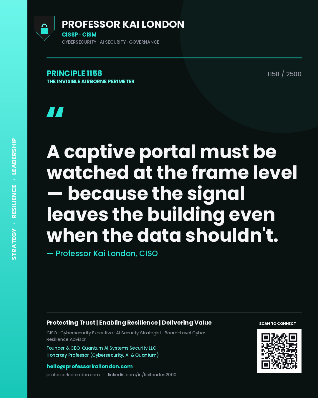 Professor Kai London principle 1158: A captive portal must be watched at the frame level — because the signal leaves the building even when the data shouldn't.