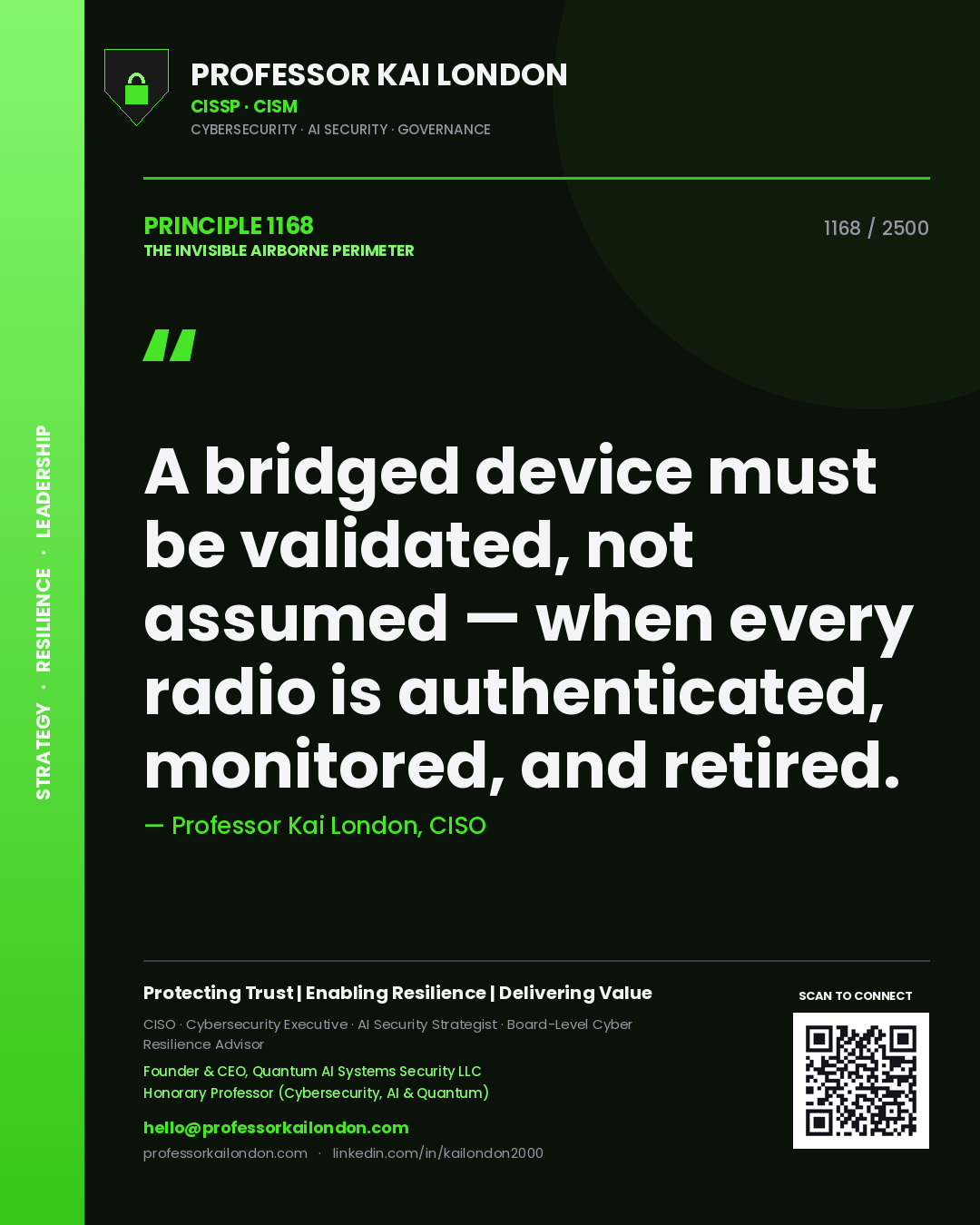 Professor Kai London principle 1168: A bridged device must be validated, not assumed — when every radio is authenticated, monitored, and retired.