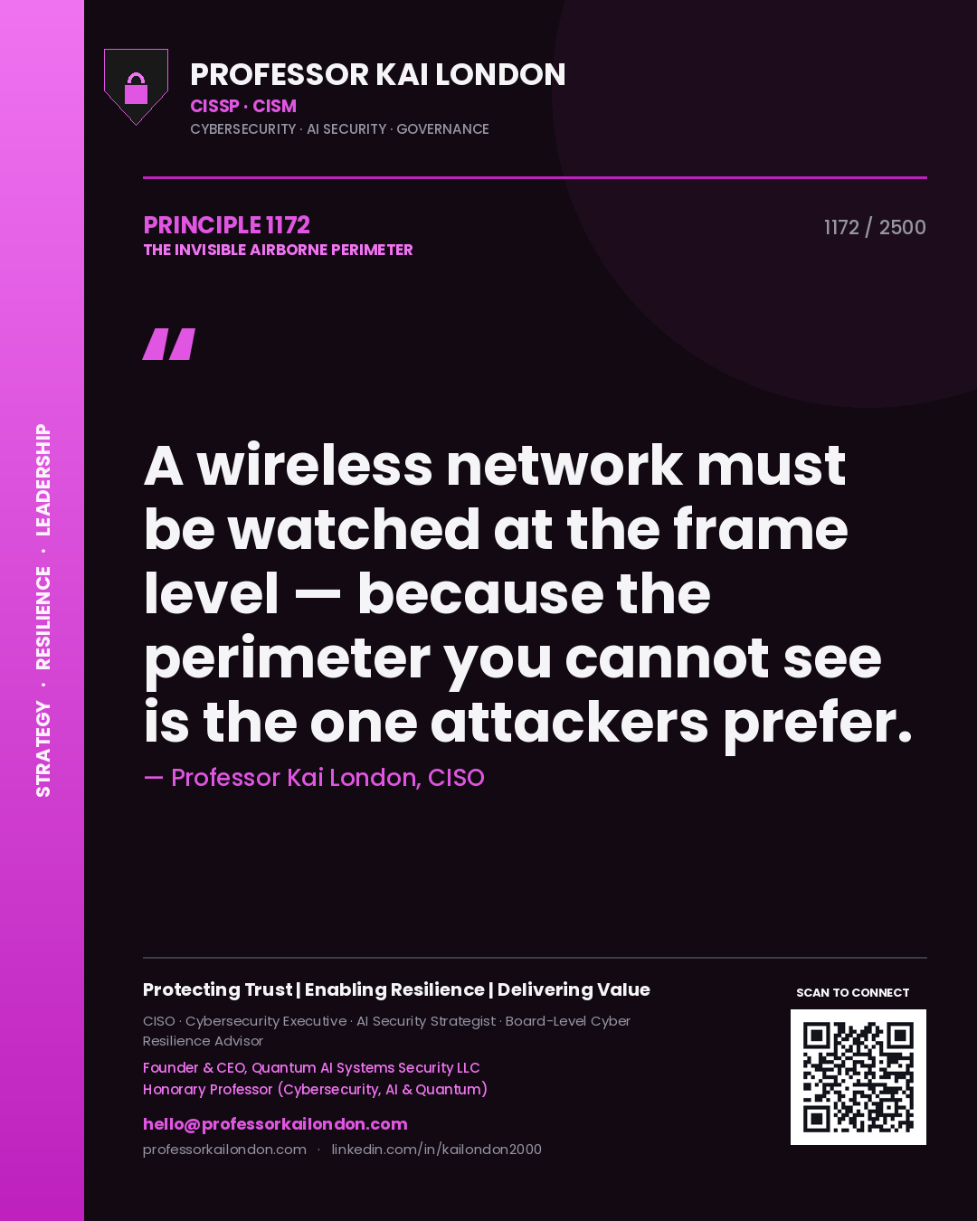Professor Kai London principle 1172: A wireless network must be watched at the frame level — because the perimeter you cannot see is the one attackers prefer.