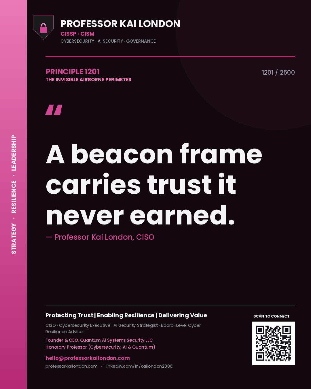 Professor Kai London principle 1201: A beacon frame carries trust it never earned.