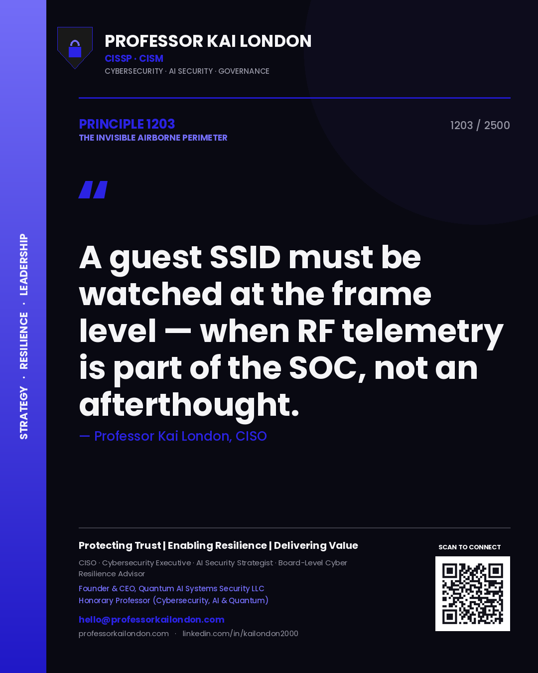 Professor Kai London principle 1203: A guest SSID must be watched at the frame level — when RF telemetry is part of the SOC, not an afterthought.