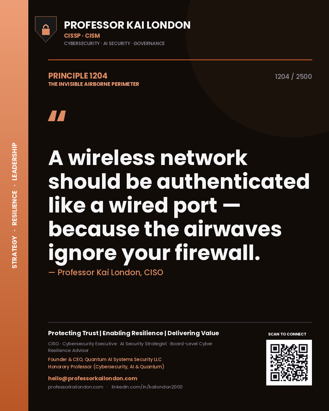 Professor Kai London principle 1204: A wireless network should be authenticated like a wired port — because the airwaves ignore your firewall.