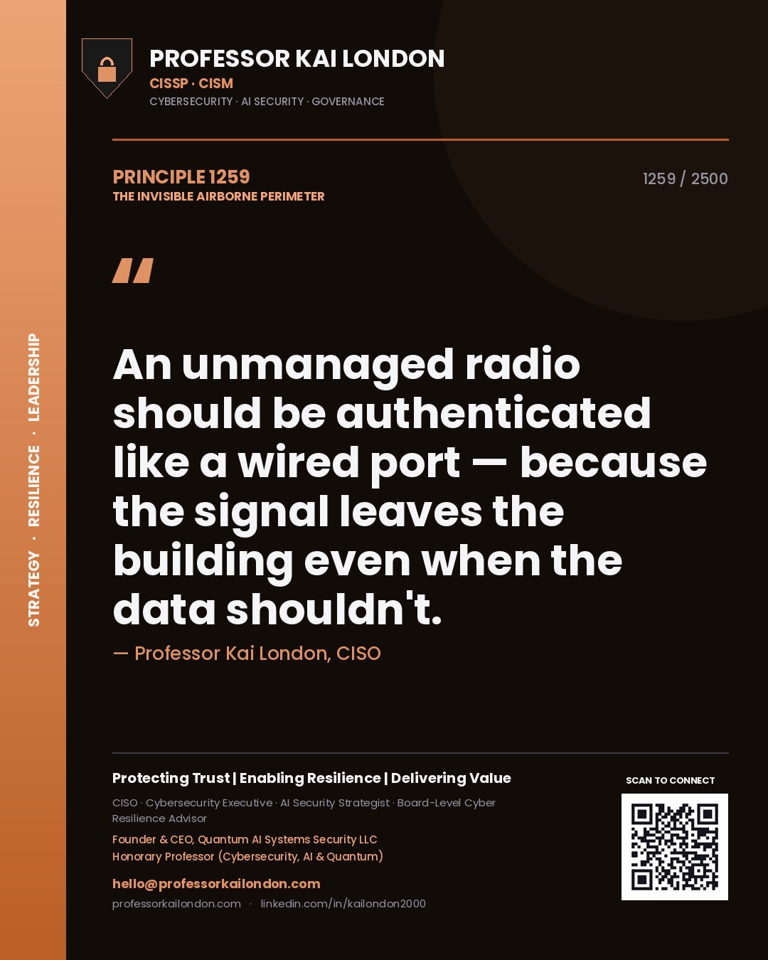 Professor Kai London principle 1259: An unmanaged radio should be authenticated like a wired port — because the signal leaves the building even when the data shouldn't.