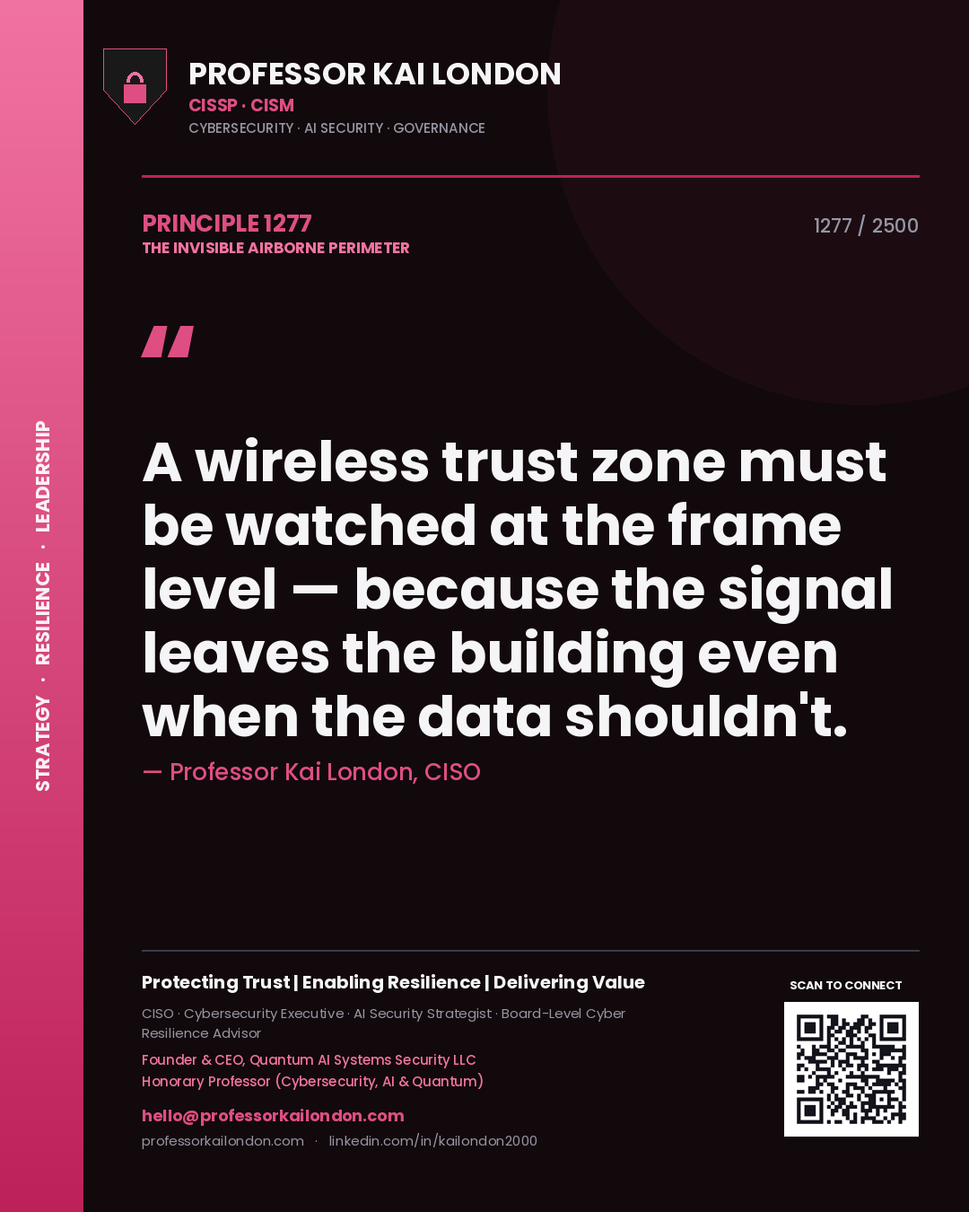 Professor Kai London principle 1277: A wireless trust zone must be watched at the frame level — because the signal leaves the building even when the data shouldn't.