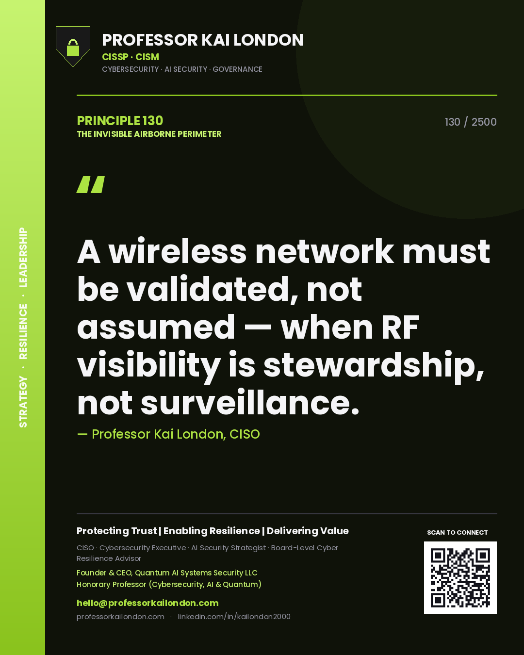 Professor Kai London principle 130: A wireless network must be validated, not assumed — when RF visibility is stewardship, not surveillance.