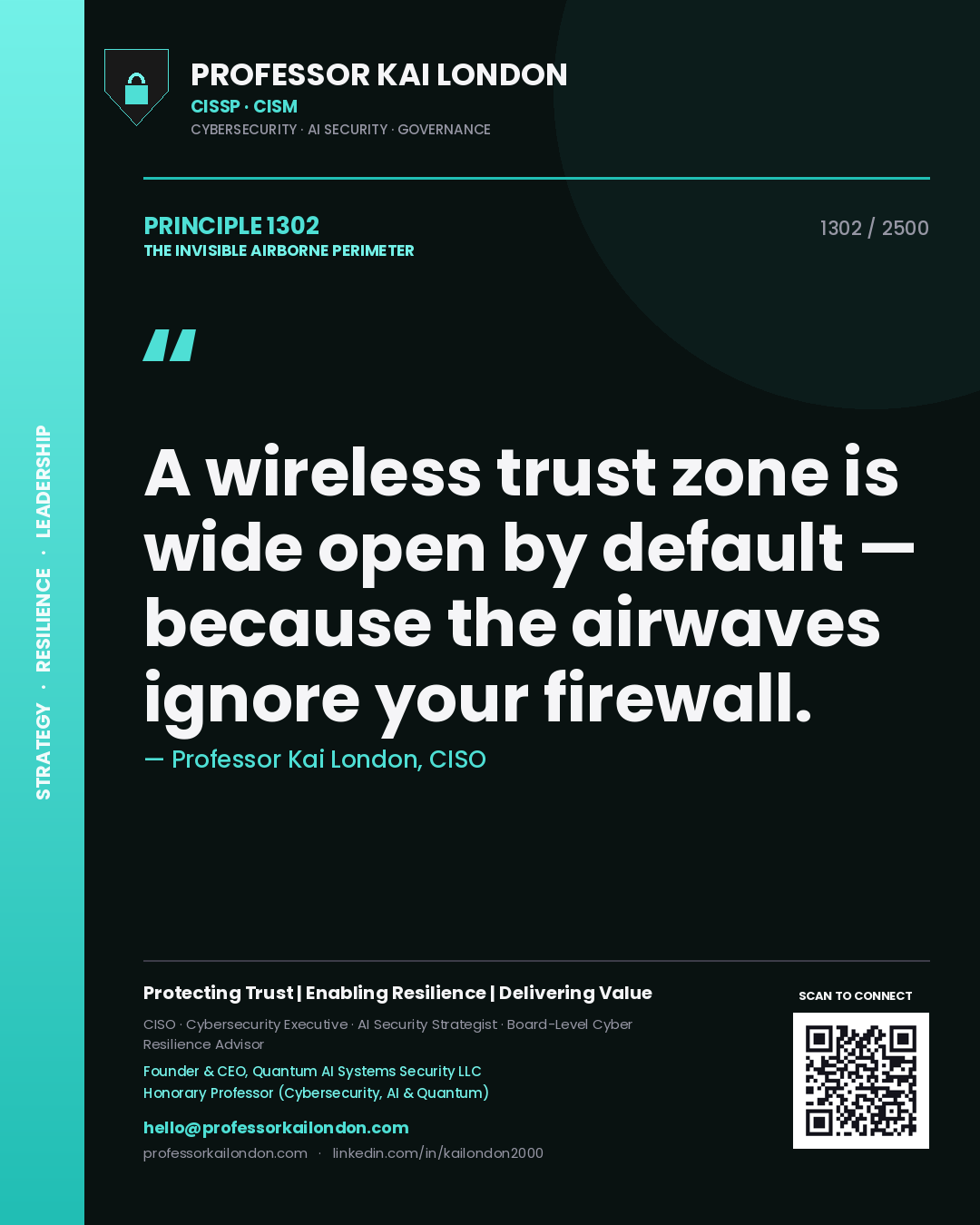 Professor Kai London principle 1302: A wireless trust zone is wide open by default — because the airwaves ignore your firewall.