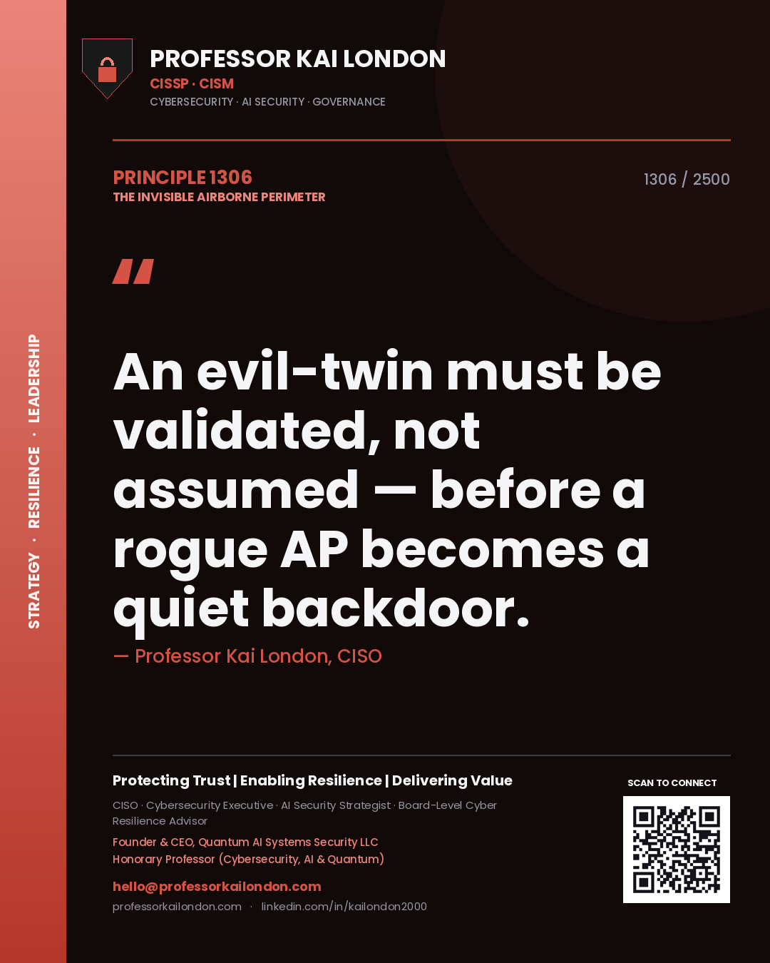Professor Kai London principle 1306: An evil-twin must be validated, not assumed — before a rogue AP becomes a quiet backdoor.