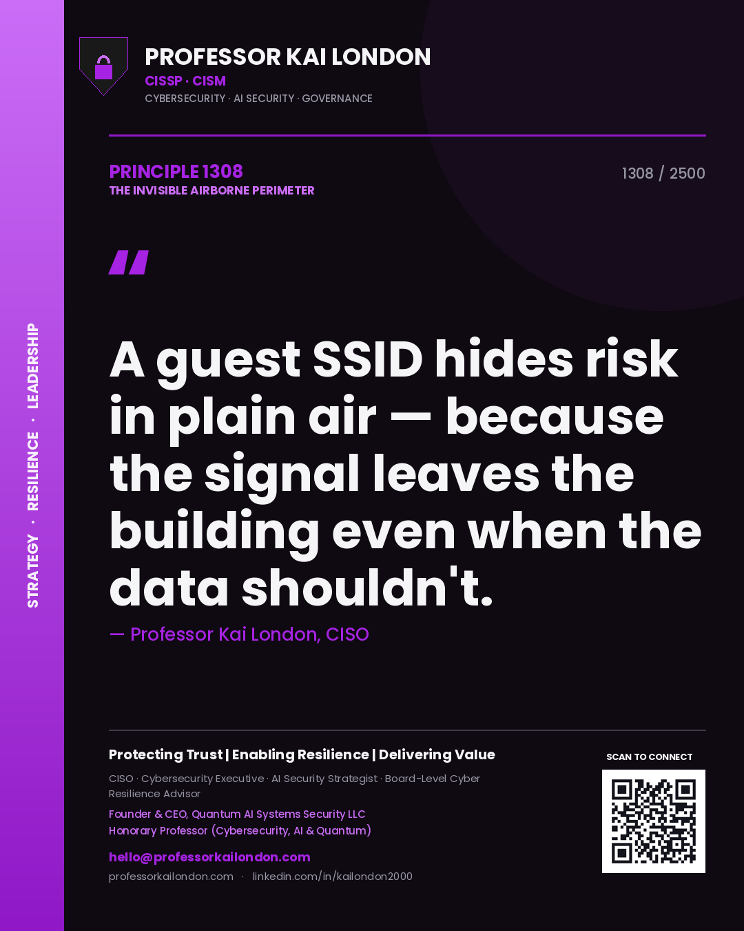 Professor Kai London principle 1308: A guest SSID hides risk in plain air — because the signal leaves the building even when the data shouldn't.