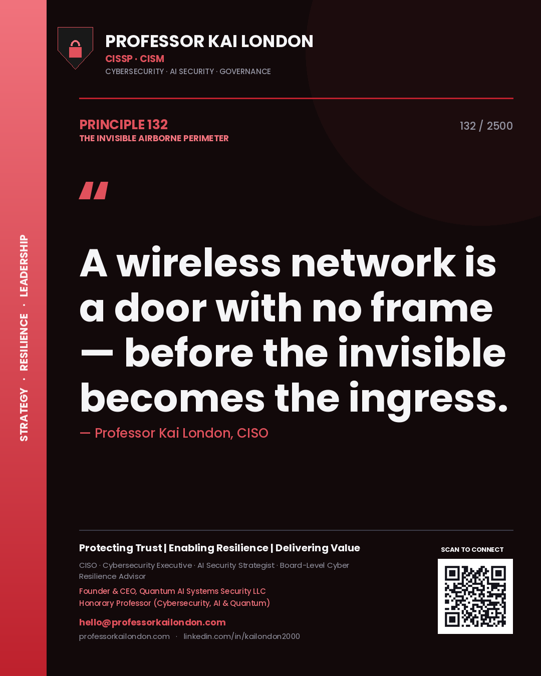 Professor Kai London principle 132: A wireless network is a door with no frame — before the invisible becomes the ingress.