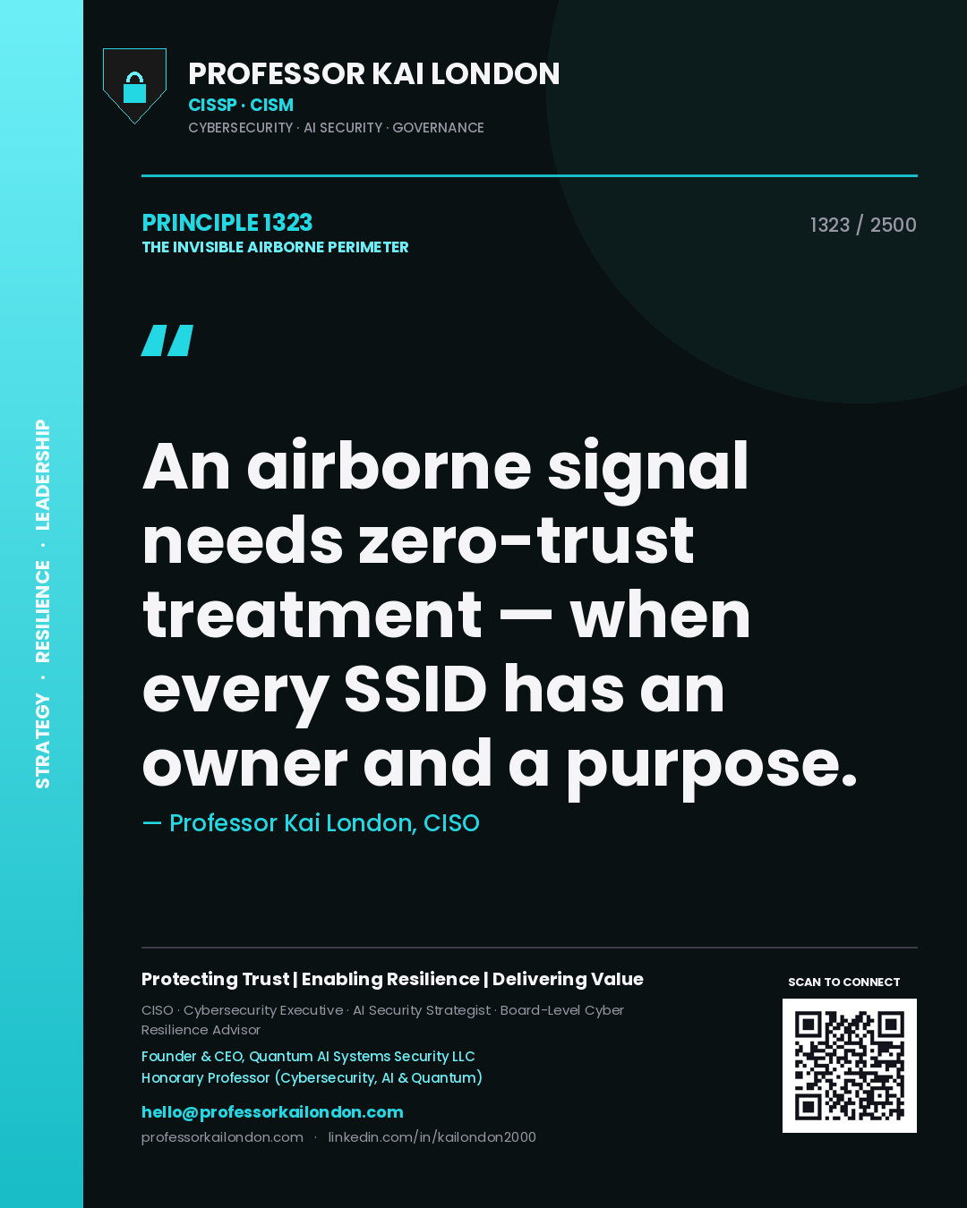 Professor Kai London principle 1323: An airborne signal needs zero-trust treatment — when every SSID has an owner and a purpose.