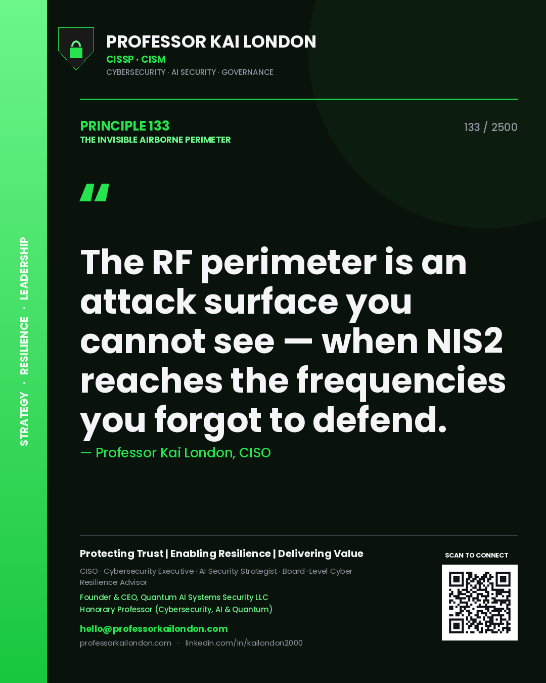 Professor Kai London principle 133: The RF perimeter is an attack surface you cannot see — when NIS2 reaches the frequencies you forgot to defend.