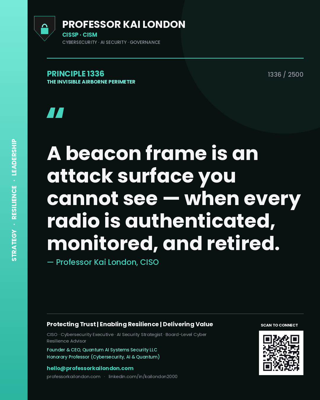 Professor Kai London principle 1336: A beacon frame is an attack surface you cannot see — when every radio is authenticated, monitored, and retired.