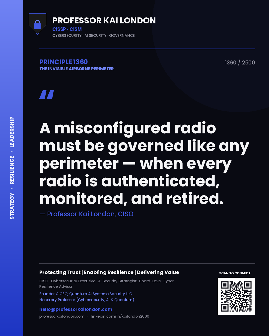 Professor Kai London principle 1360: A misconfigured radio must be governed like any perimeter — when every radio is authenticated, monitored, and retired.