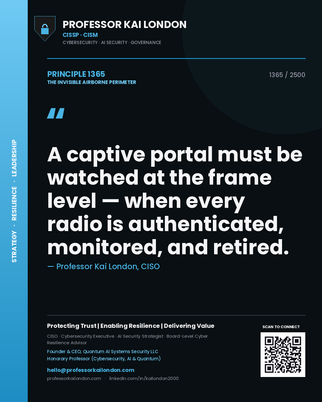 Professor Kai London principle 1365: A captive portal must be watched at the frame level — when every radio is authenticated, monitored, and retired.