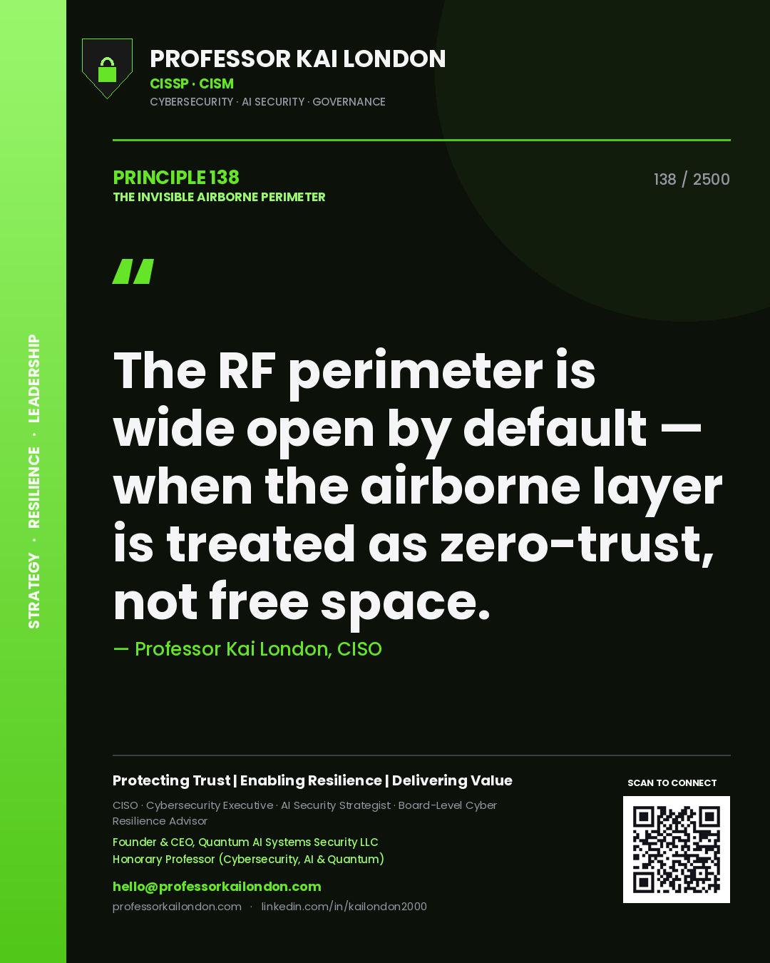 Professor Kai London principle 138: The RF perimeter is wide open by default — when the airborne layer is treated as zero-trust, not free space.