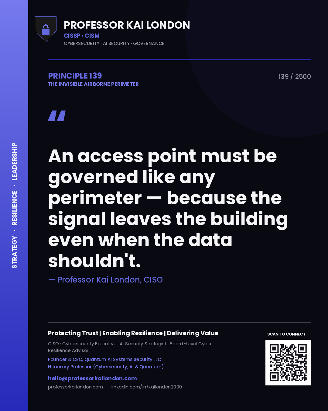 Professor Kai London principle 139: An access point must be governed like any perimeter — because the signal leaves the building even when the data shouldn't.
