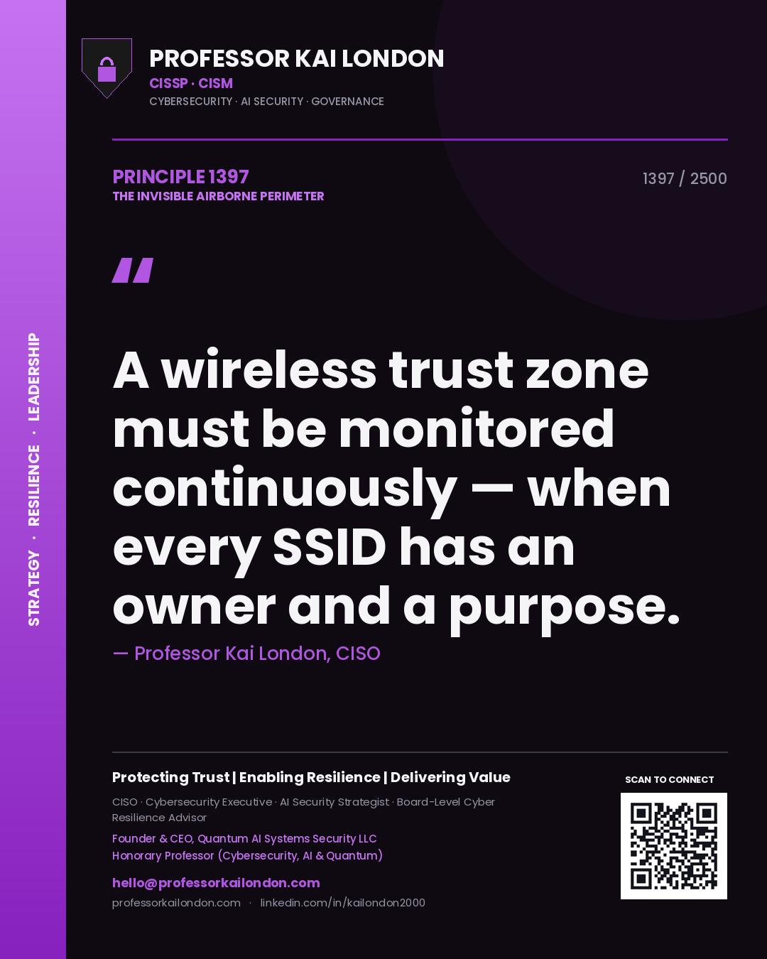 Professor Kai London principle 1397: A wireless trust zone must be monitored continuously — when every SSID has an owner and a purpose.