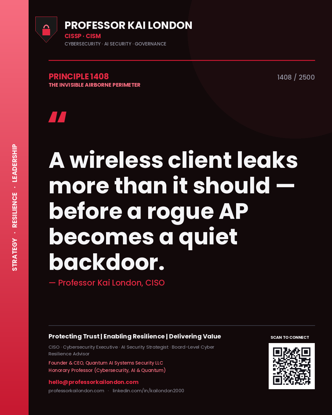 Professor Kai London principle 1408: A wireless client leaks more than it should — before a rogue AP becomes a quiet backdoor.