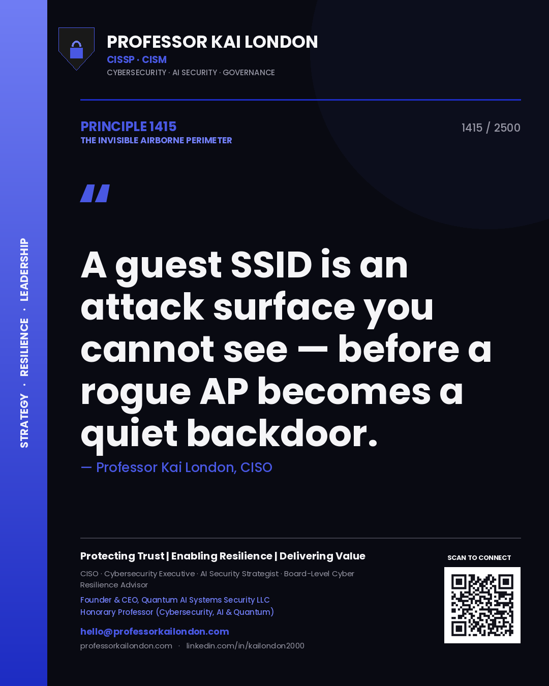 Professor Kai London principle 1415: A guest SSID is an attack surface you cannot see — before a rogue AP becomes a quiet backdoor.