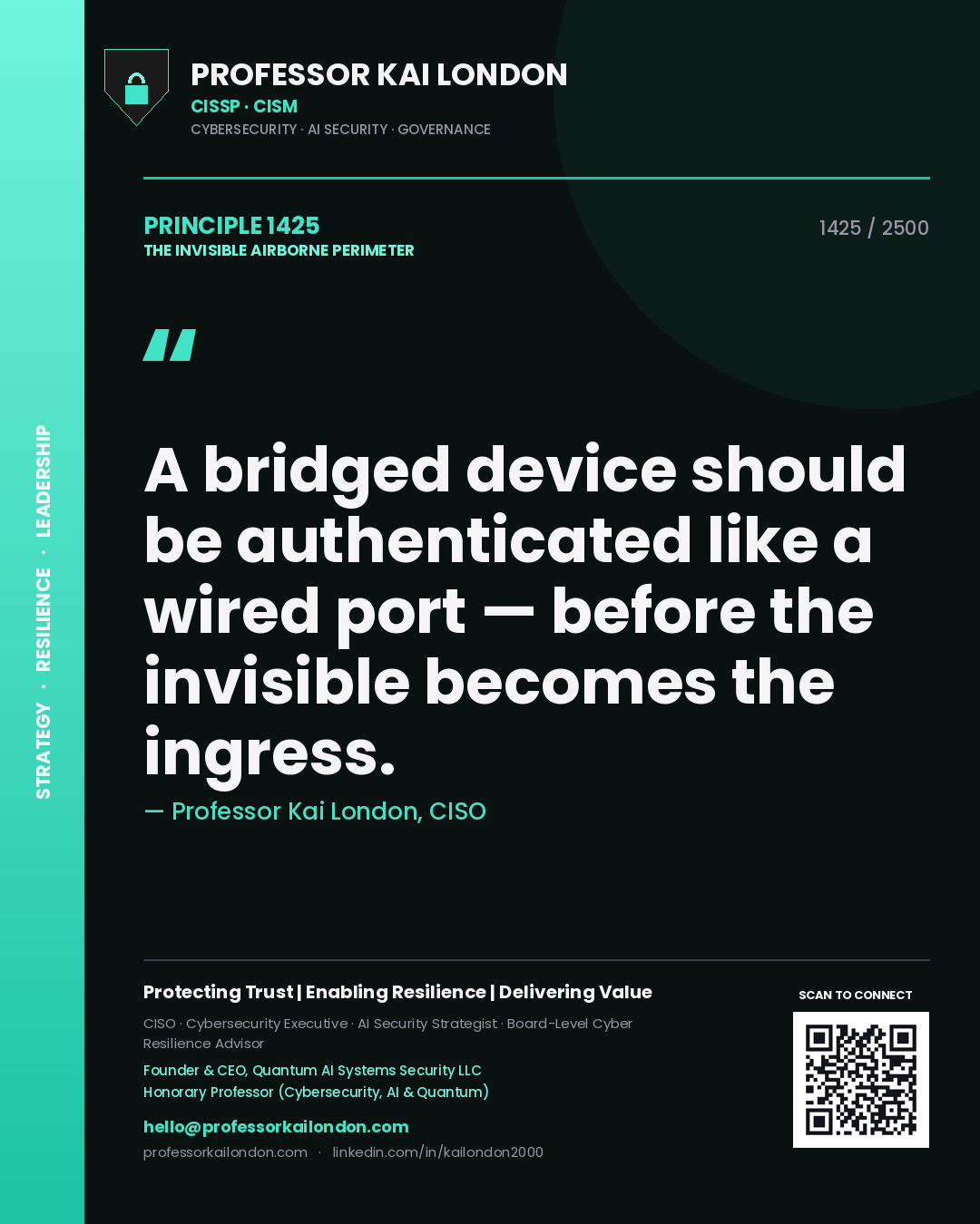 Professor Kai London principle 1425: A bridged device should be authenticated like a wired port — before the invisible becomes the ingress.