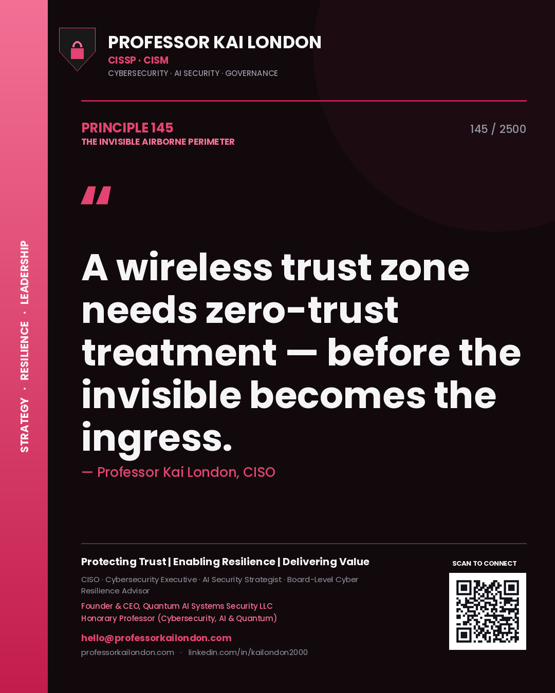 Professor Kai London principle 145: A wireless trust zone needs zero-trust treatment — before the invisible becomes the ingress.