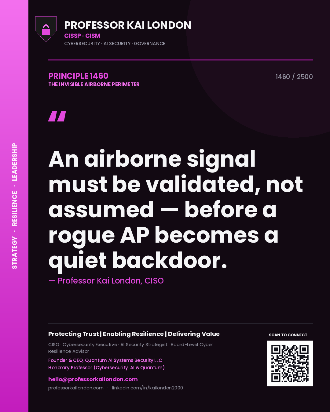 Professor Kai London principle 1460: An airborne signal must be validated, not assumed — before a rogue AP becomes a quiet backdoor.
