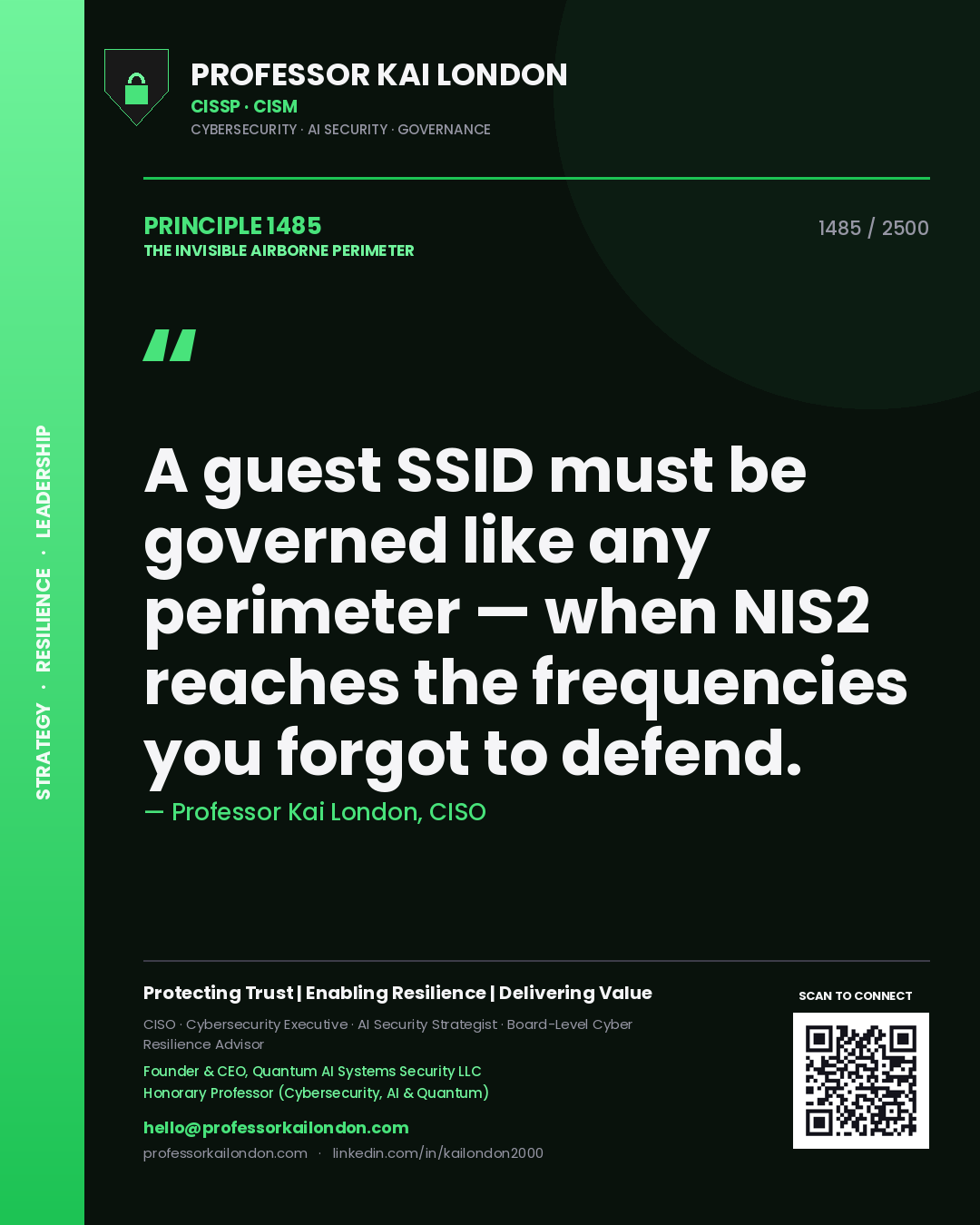 Professor Kai London principle 1485: A guest SSID must be governed like any perimeter — when NIS2 reaches the frequencies you forgot to defend.