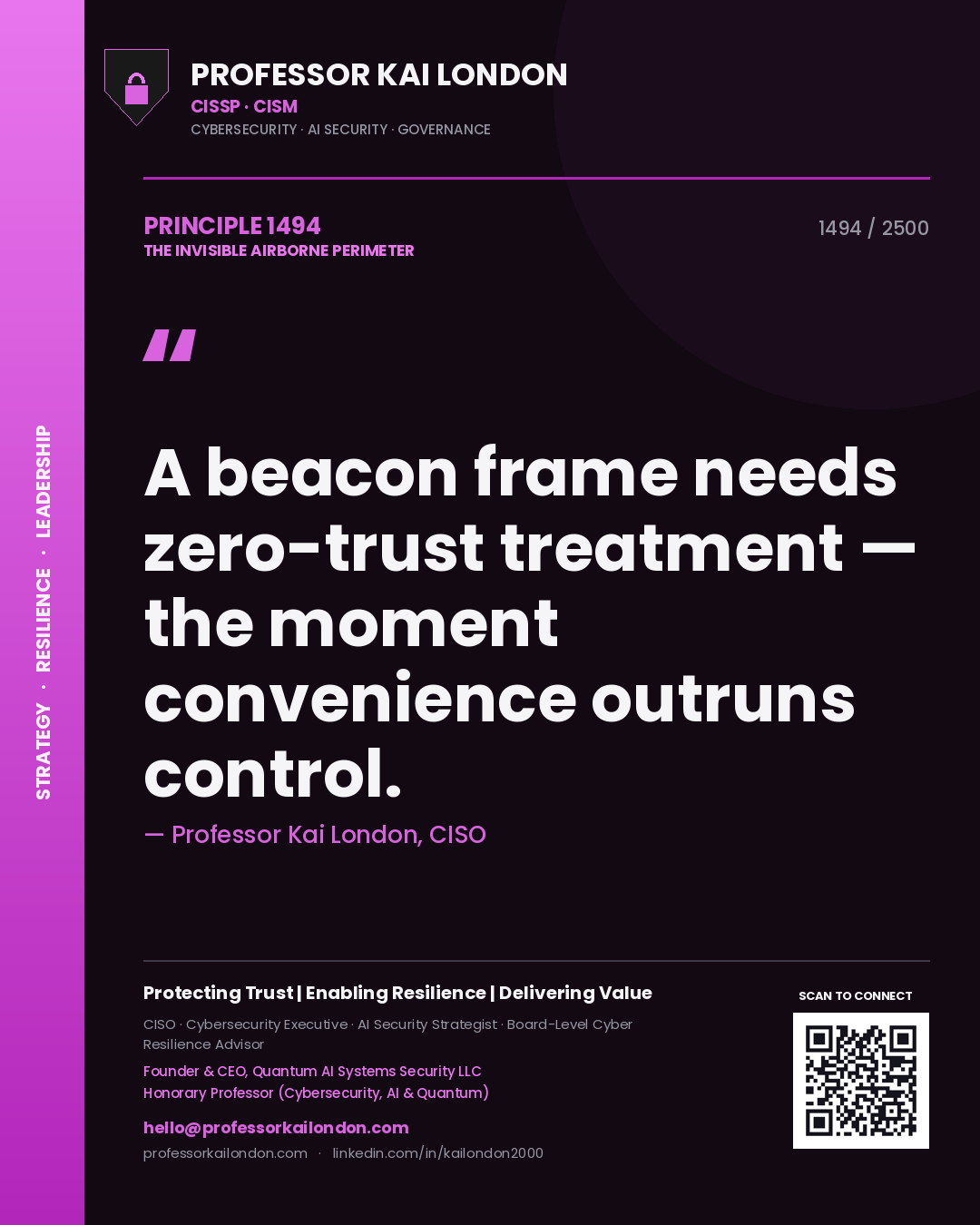 Professor Kai London principle 1494: A beacon frame needs zero-trust treatment — the moment convenience outruns control.