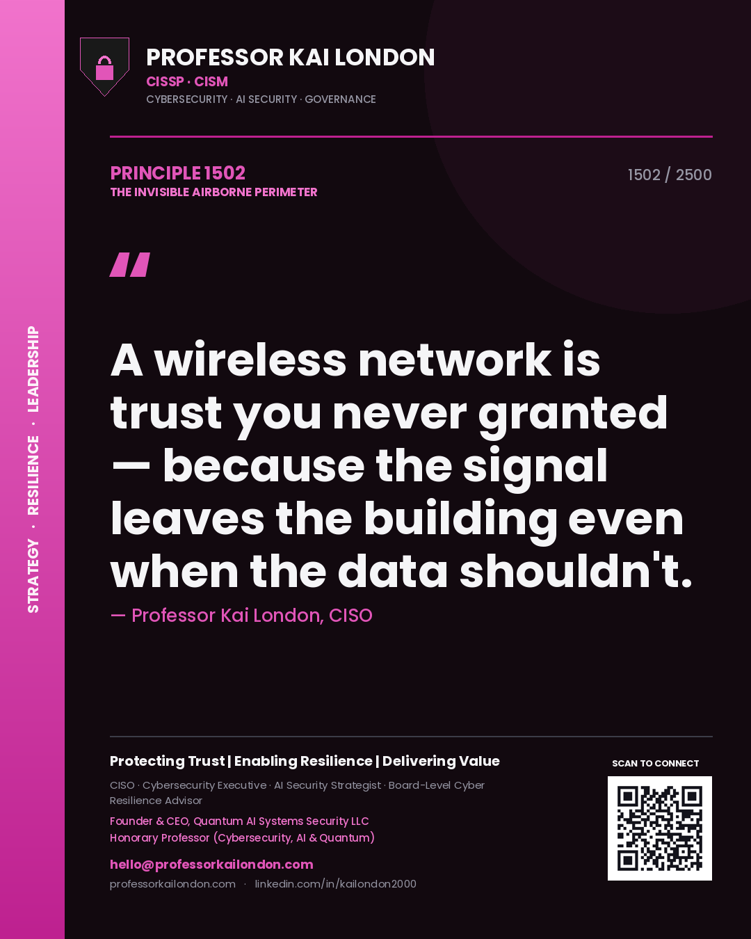 Professor Kai London principle 1502: A wireless network is trust you never granted — because the signal leaves the building even when the data shouldn't.