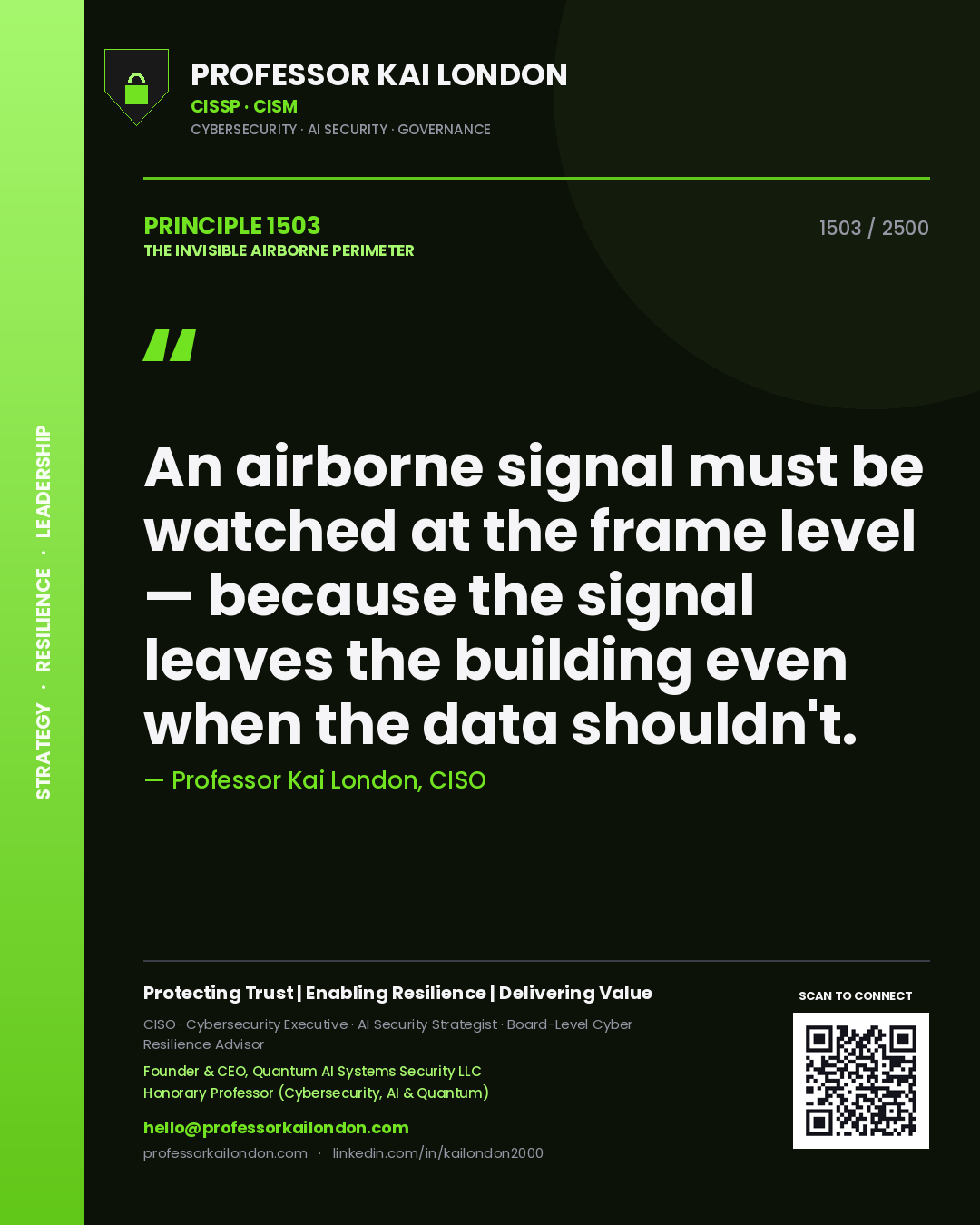Professor Kai London principle 1503: An airborne signal must be watched at the frame level — because the signal leaves the building even when the data shouldn't.