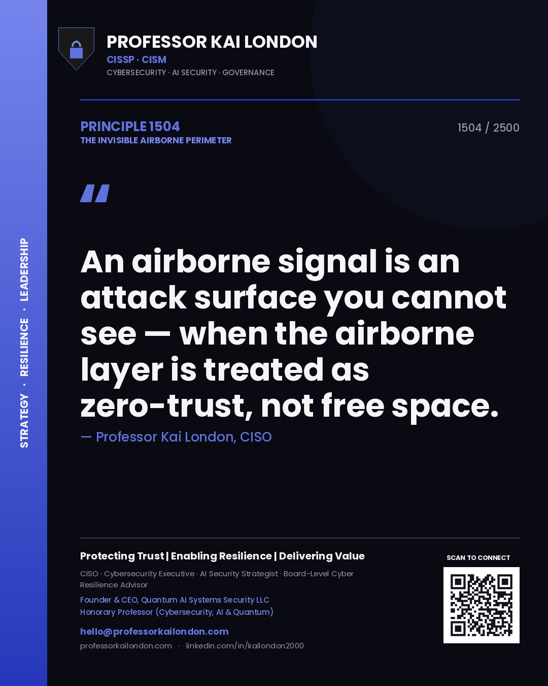 Professor Kai London principle 1504: An airborne signal is an attack surface you cannot see — when the airborne layer is treated as zero-trust, not free space.