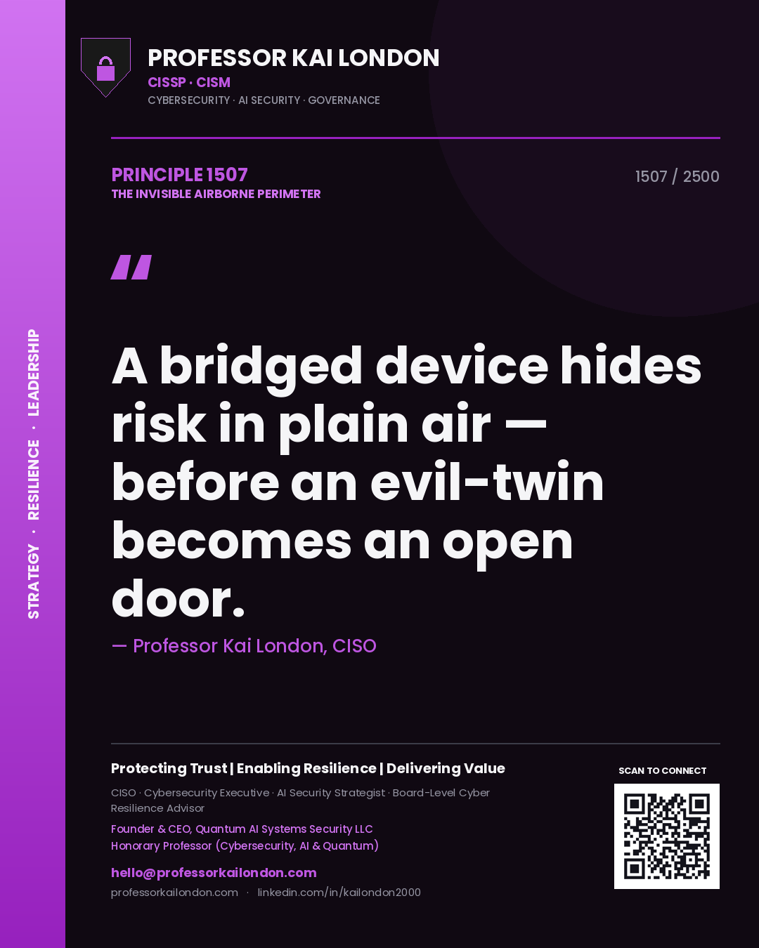 Professor Kai London principle 1507: A bridged device hides risk in plain air — before an evil-twin becomes an open door.