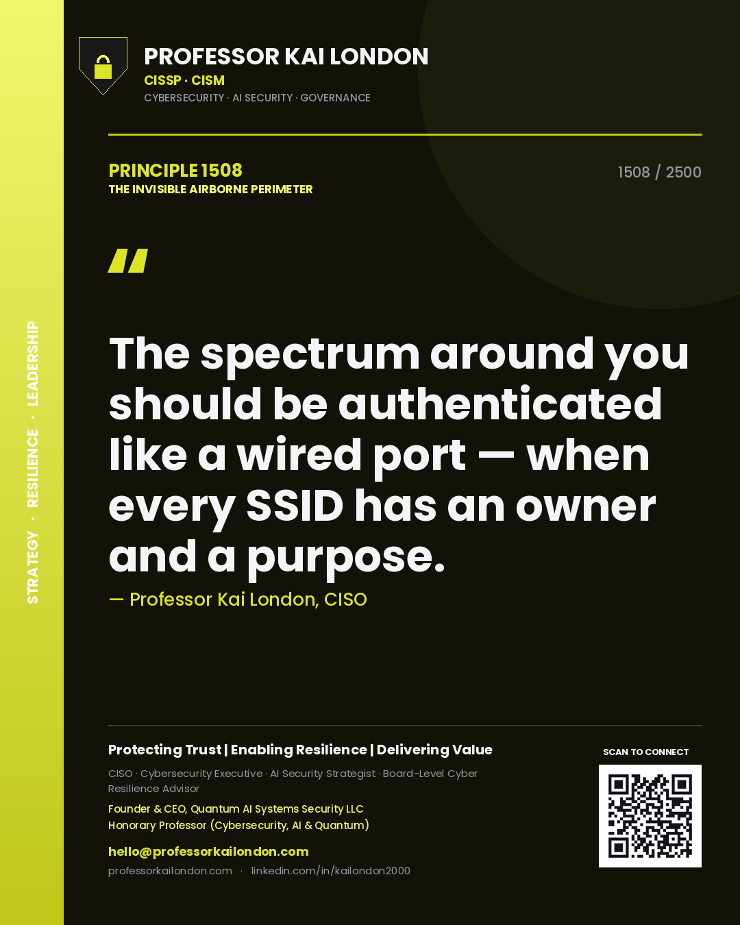 Professor Kai London principle 1508: The spectrum around you should be authenticated like a wired port — when every SSID has an owner and a purpose.