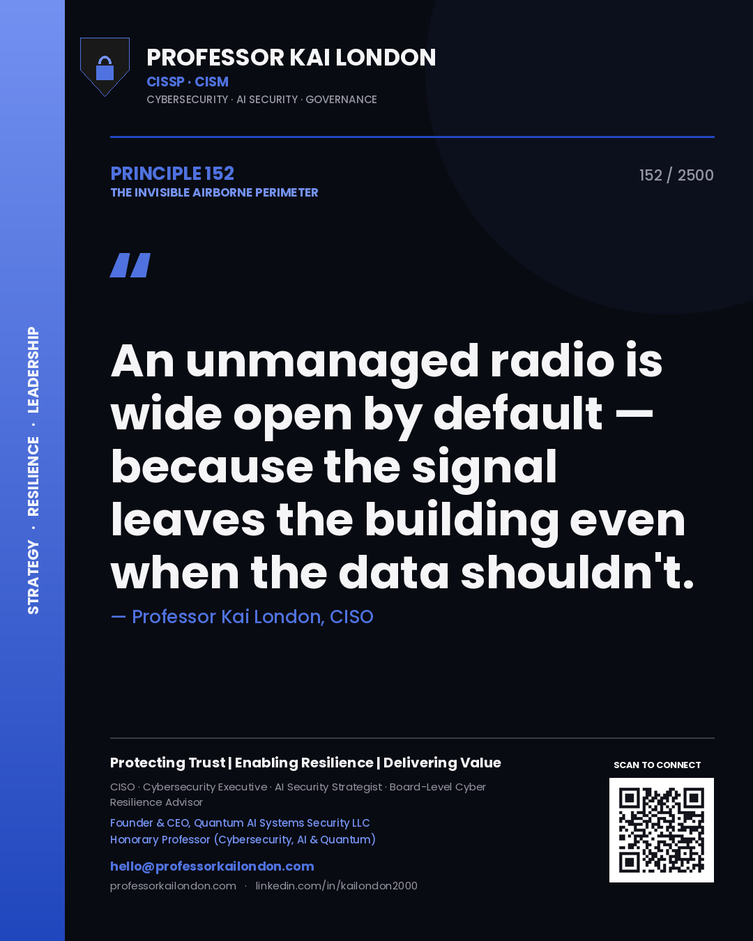 Professor Kai London principle 152: An unmanaged radio is wide open by default — because the signal leaves the building even when the data shouldn't.