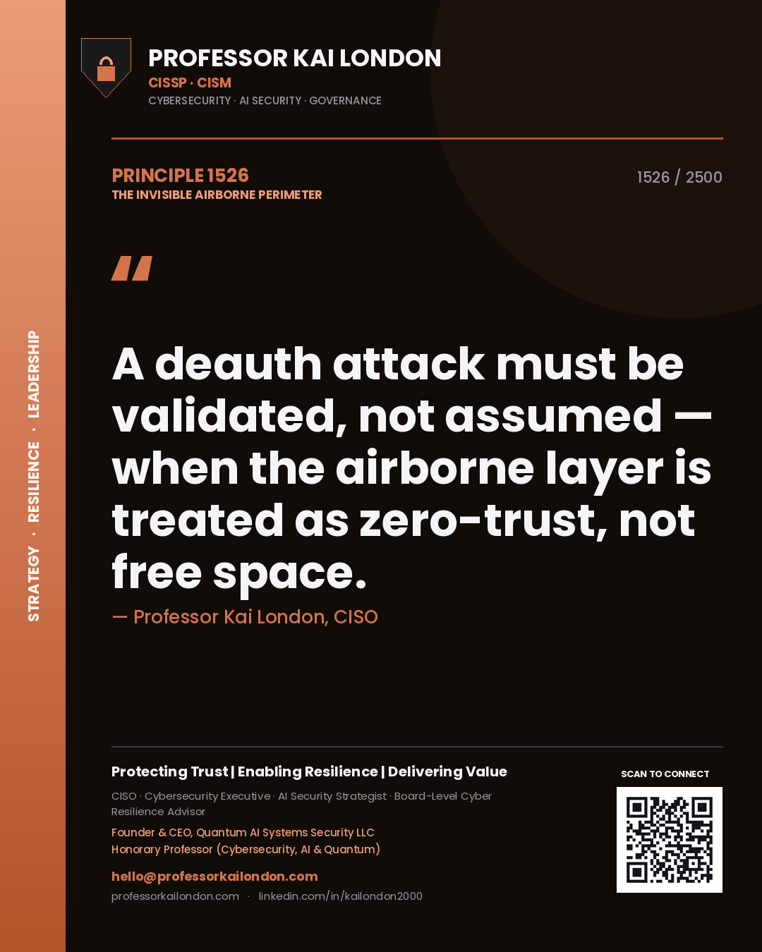 Professor Kai London principle 1526: A deauth attack must be validated, not assumed — when the airborne layer is treated as zero-trust, not free space.