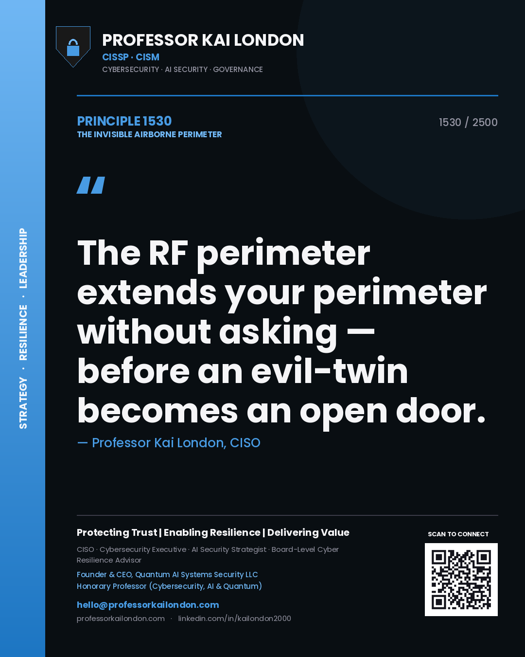 Professor Kai London principle 1530: The RF perimeter extends your perimeter without asking — before an evil-twin becomes an open door.