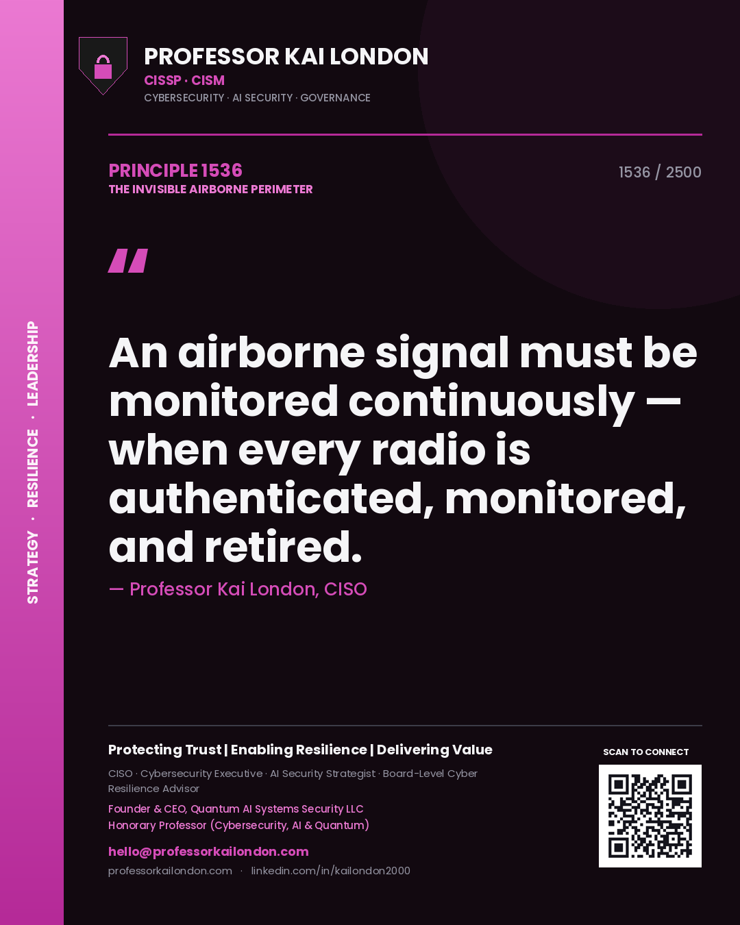 Professor Kai London principle 1536: An airborne signal must be monitored continuously — when every radio is authenticated, monitored, and retired.