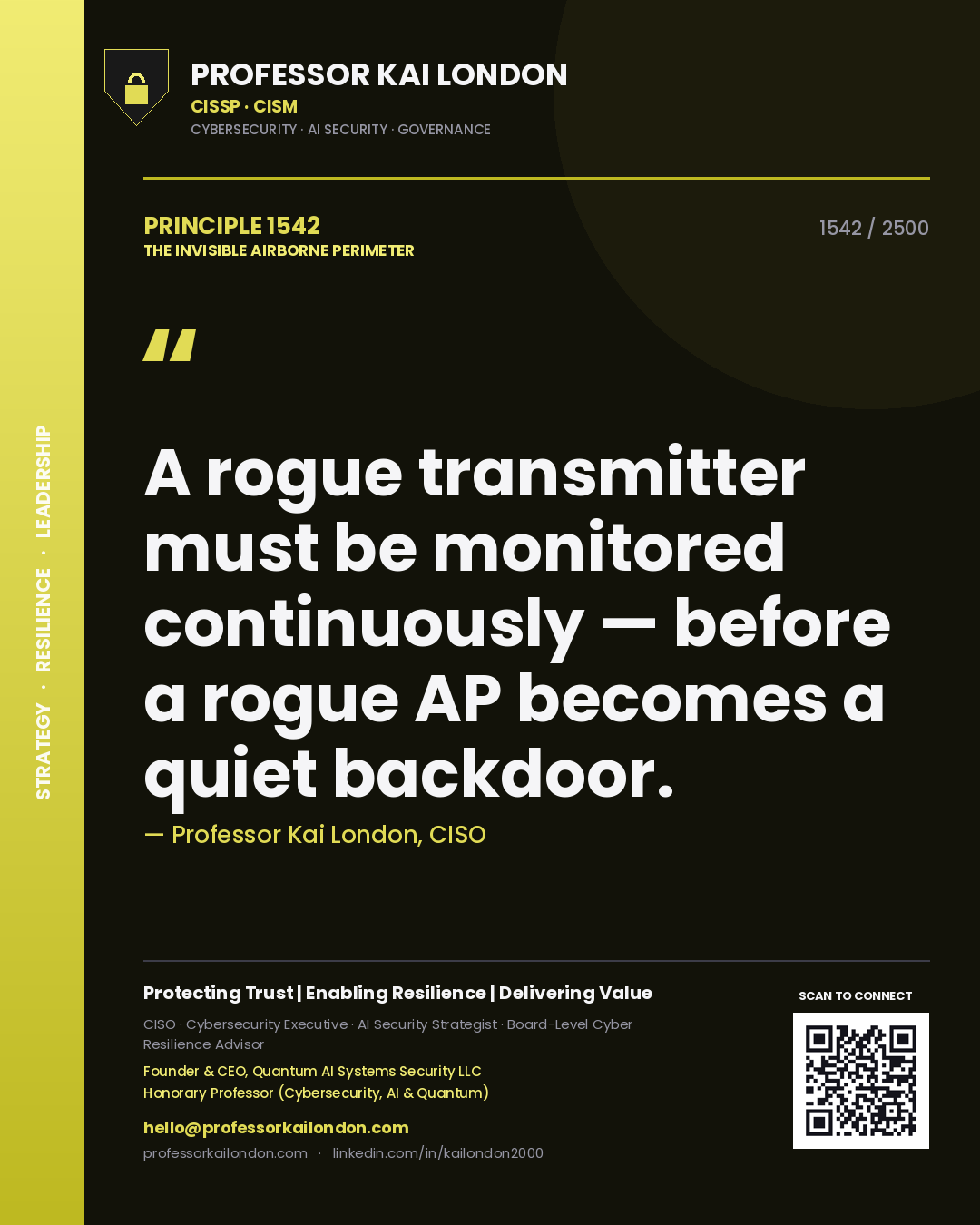 Professor Kai London principle 1542: A rogue transmitter must be monitored continuously — before a rogue AP becomes a quiet backdoor.