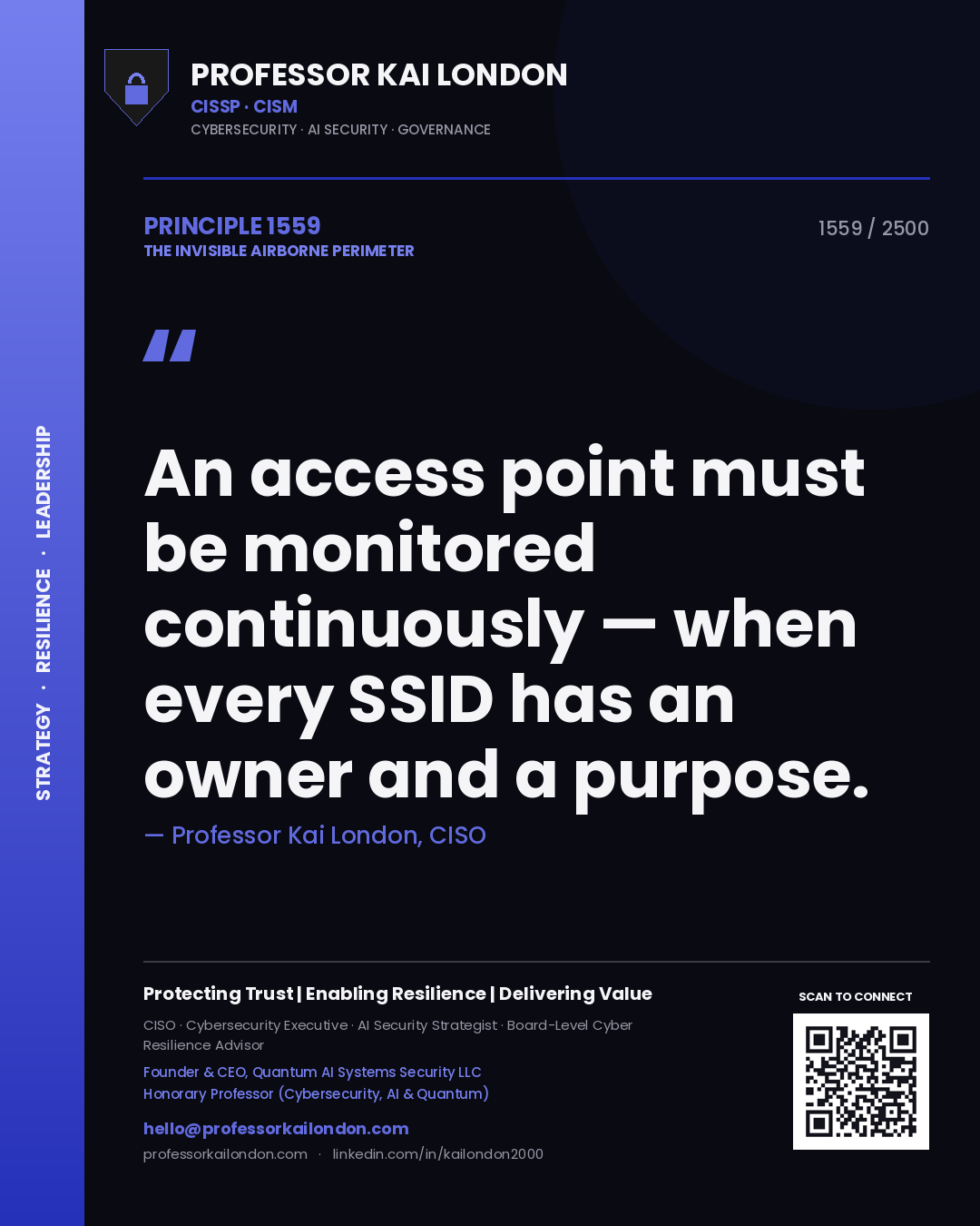 Professor Kai London principle 1559: An access point must be monitored continuously — when every SSID has an owner and a purpose.