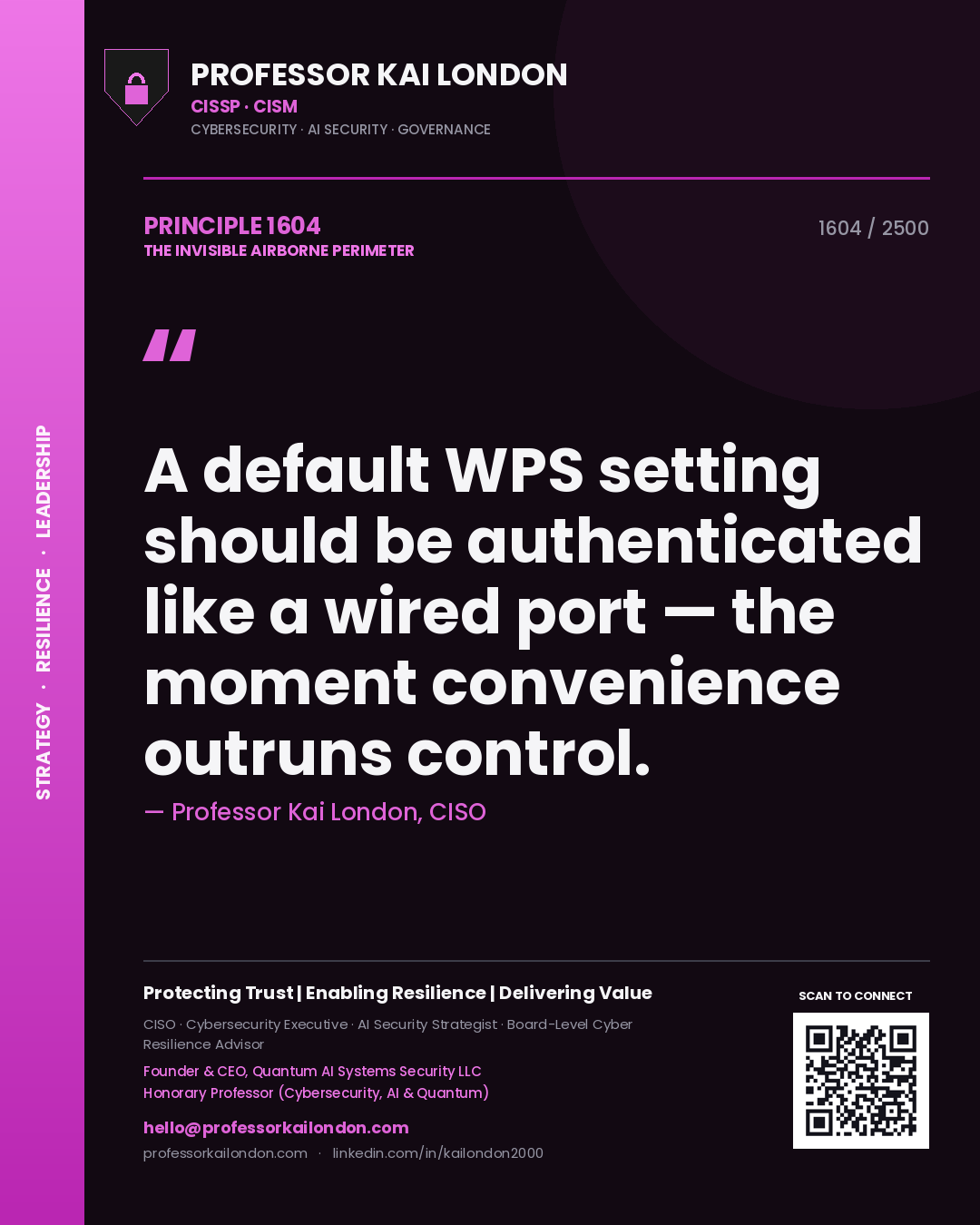 Professor Kai London principle 1604: A default WPS setting should be authenticated like a wired port — the moment convenience outruns control.
