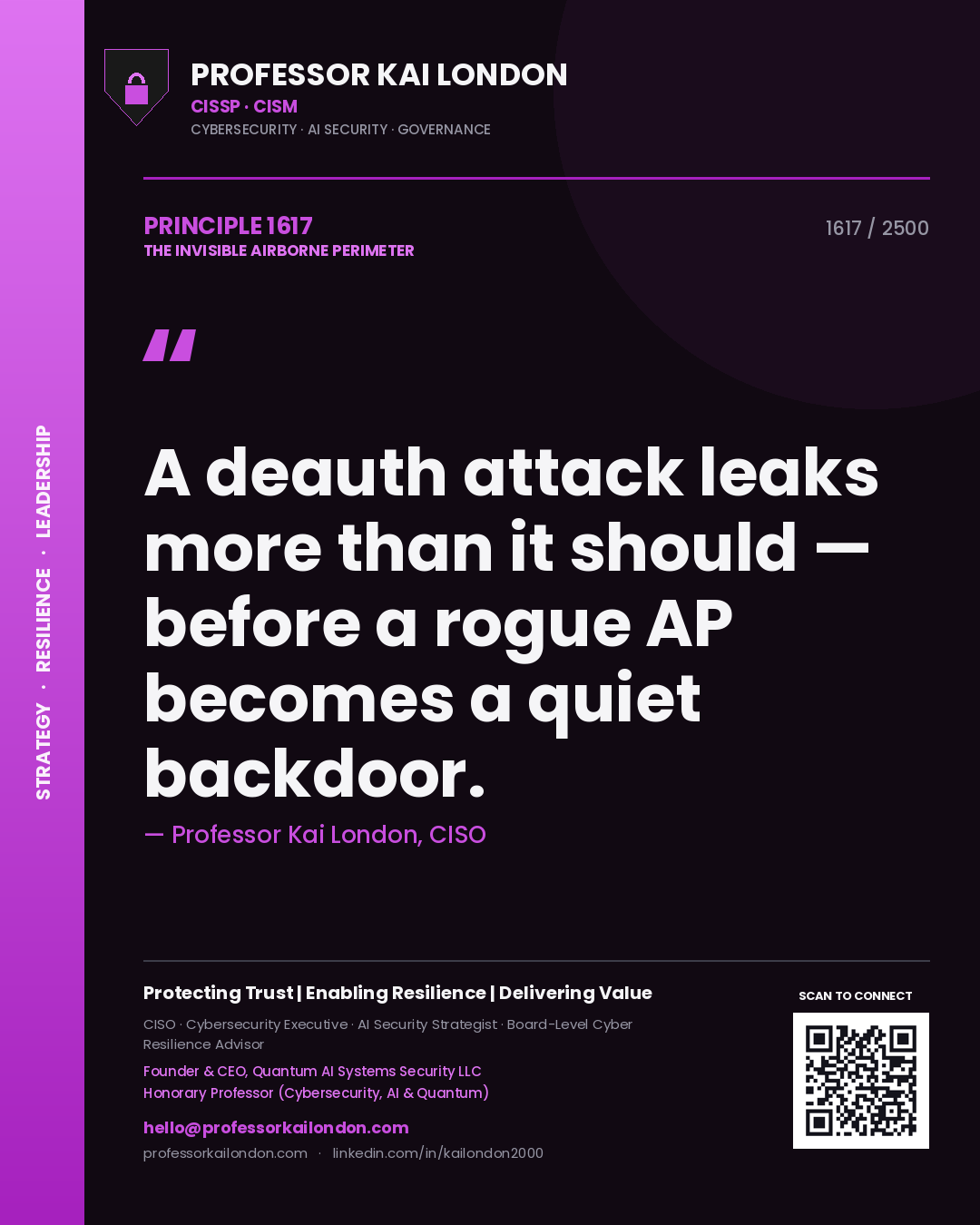 Professor Kai London principle 1617: A deauth attack leaks more than it should — before a rogue AP becomes a quiet backdoor.