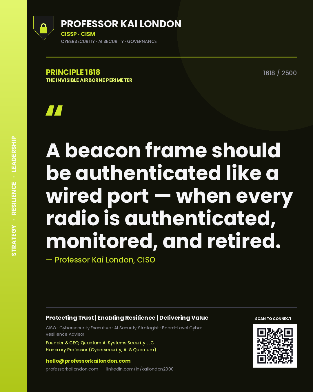 Professor Kai London principle 1618: A beacon frame should be authenticated like a wired port — when every radio is authenticated, monitored, and retired.