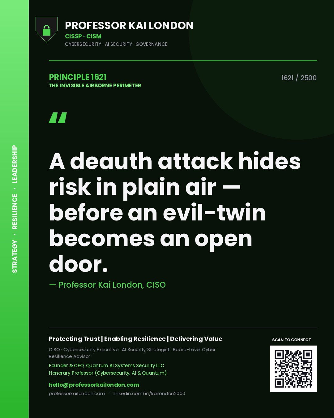 Professor Kai London principle 1621: A deauth attack hides risk in plain air — before an evil-twin becomes an open door.