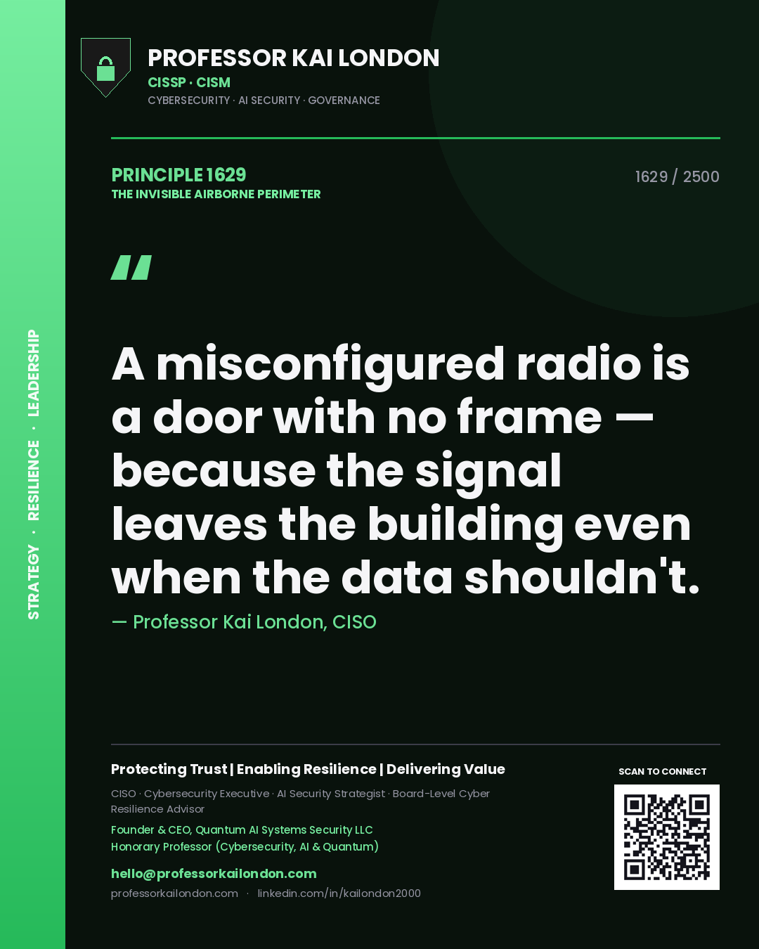 Professor Kai London principle 1629: A misconfigured radio is a door with no frame — because the signal leaves the building even when the data shouldn't.