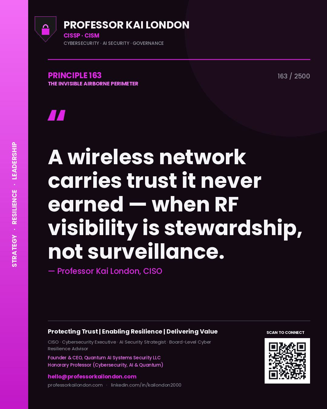 Professor Kai London principle 163: A wireless network carries trust it never earned — when RF visibility is stewardship, not surveillance.