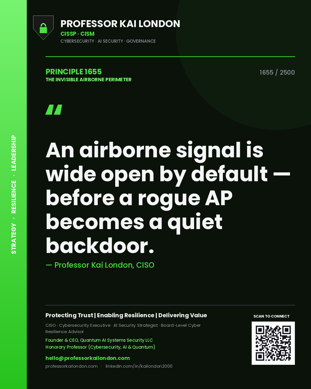 Professor Kai London principle 1655: An airborne signal is wide open by default — before a rogue AP becomes a quiet backdoor.