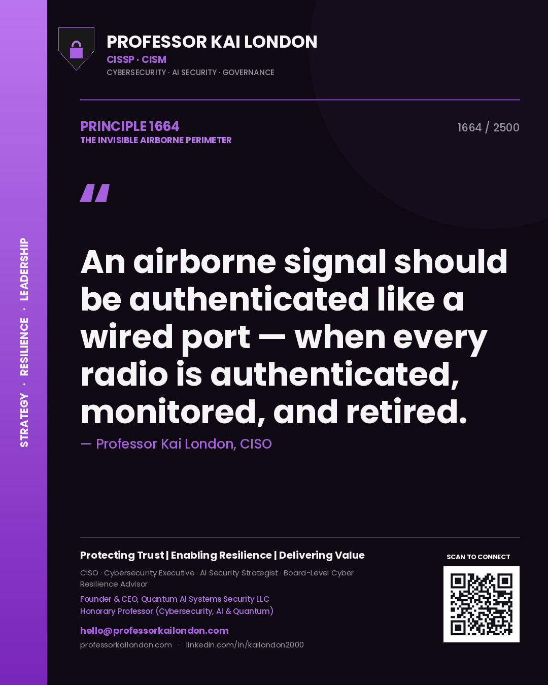 Professor Kai London principle 1664: An airborne signal should be authenticated like a wired port — when every radio is authenticated, monitored, and retired.