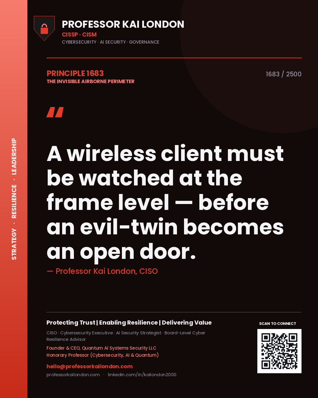 Professor Kai London principle 1683: A wireless client must be watched at the frame level — before an evil-twin becomes an open door.