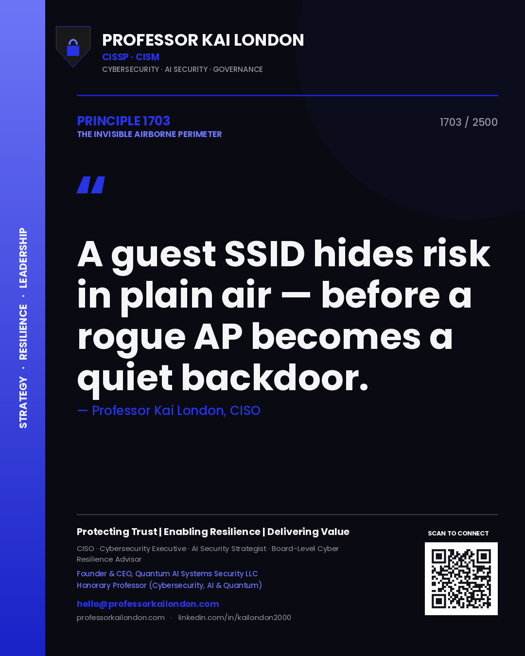 Professor Kai London principle 1703: A guest SSID hides risk in plain air — before a rogue AP becomes a quiet backdoor.