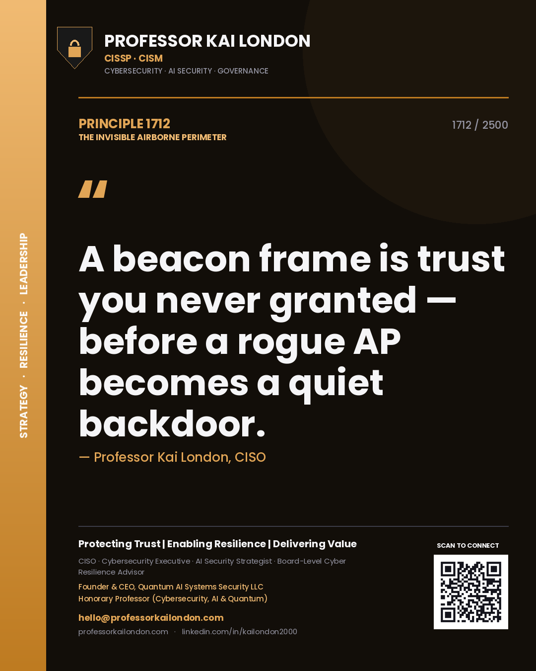Professor Kai London principle 1712: A beacon frame is trust you never granted — before a rogue AP becomes a quiet backdoor.